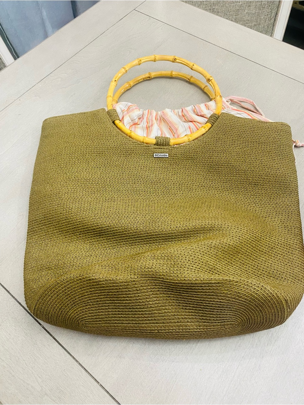 Columbia Olive Green Straw Tote with Yellow Bamboo Handles